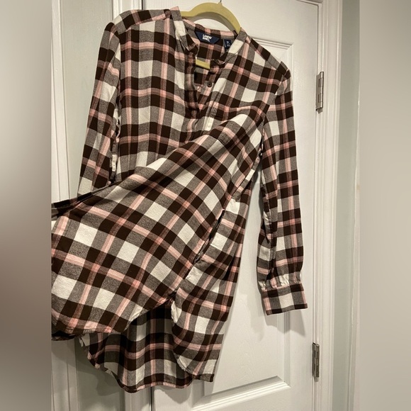 Lands End Size M Brown Pink Cotton Flannel Button Collarless Tunic Top Pockets - Picture 3 of 12